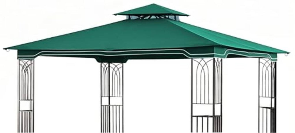 Forest green gazebo replacement canopy with scalloped edge and striped frame posts