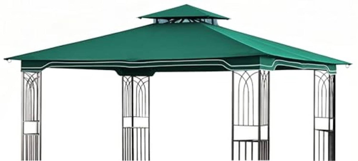 Forest green gazebo replacement canopy with scalloped edge and striped frame posts