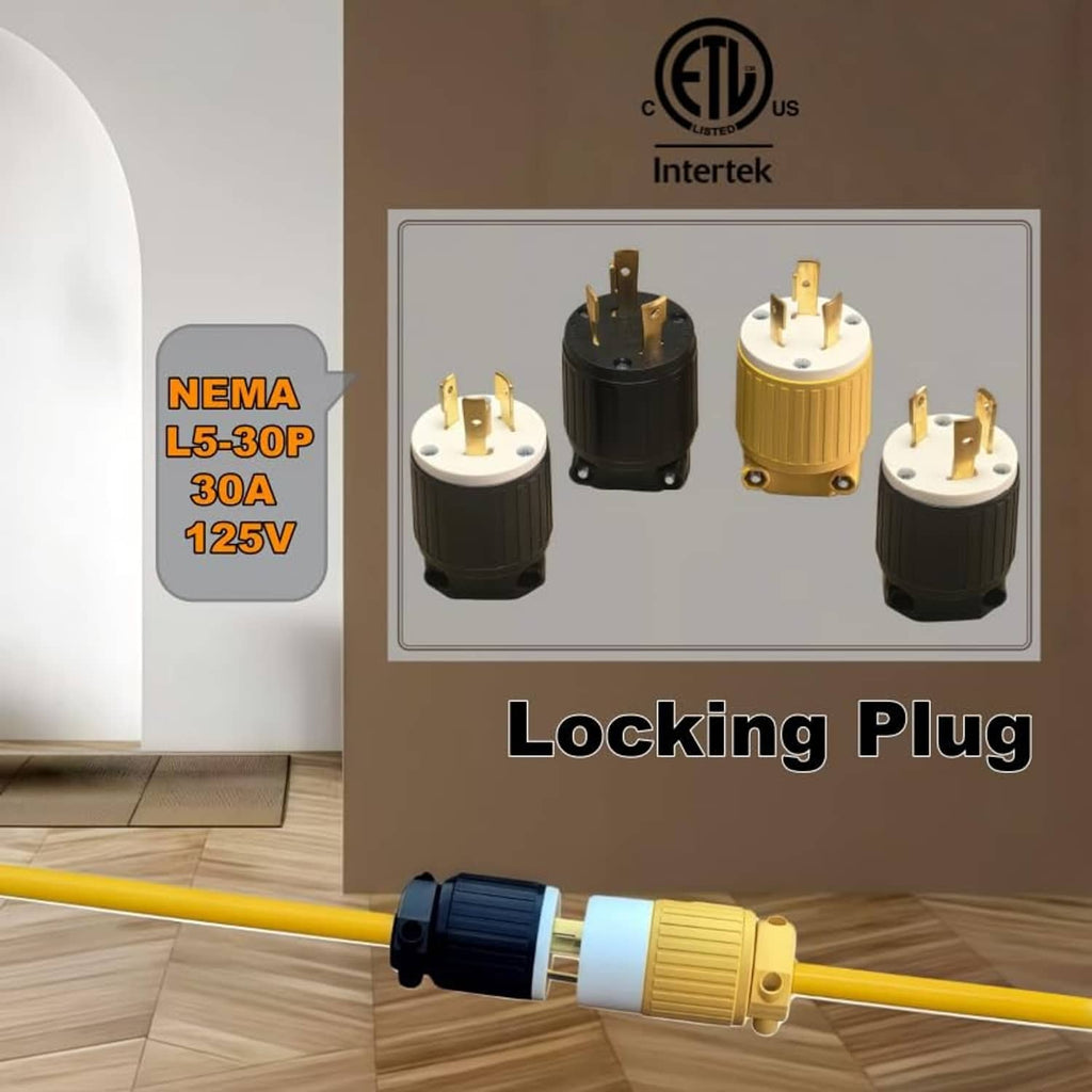 NEMA L5-30P locking plug set with orange power cord and gold-and-white plug ends