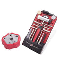 Red and black pin punch tool set with hammer and magnetic bench block