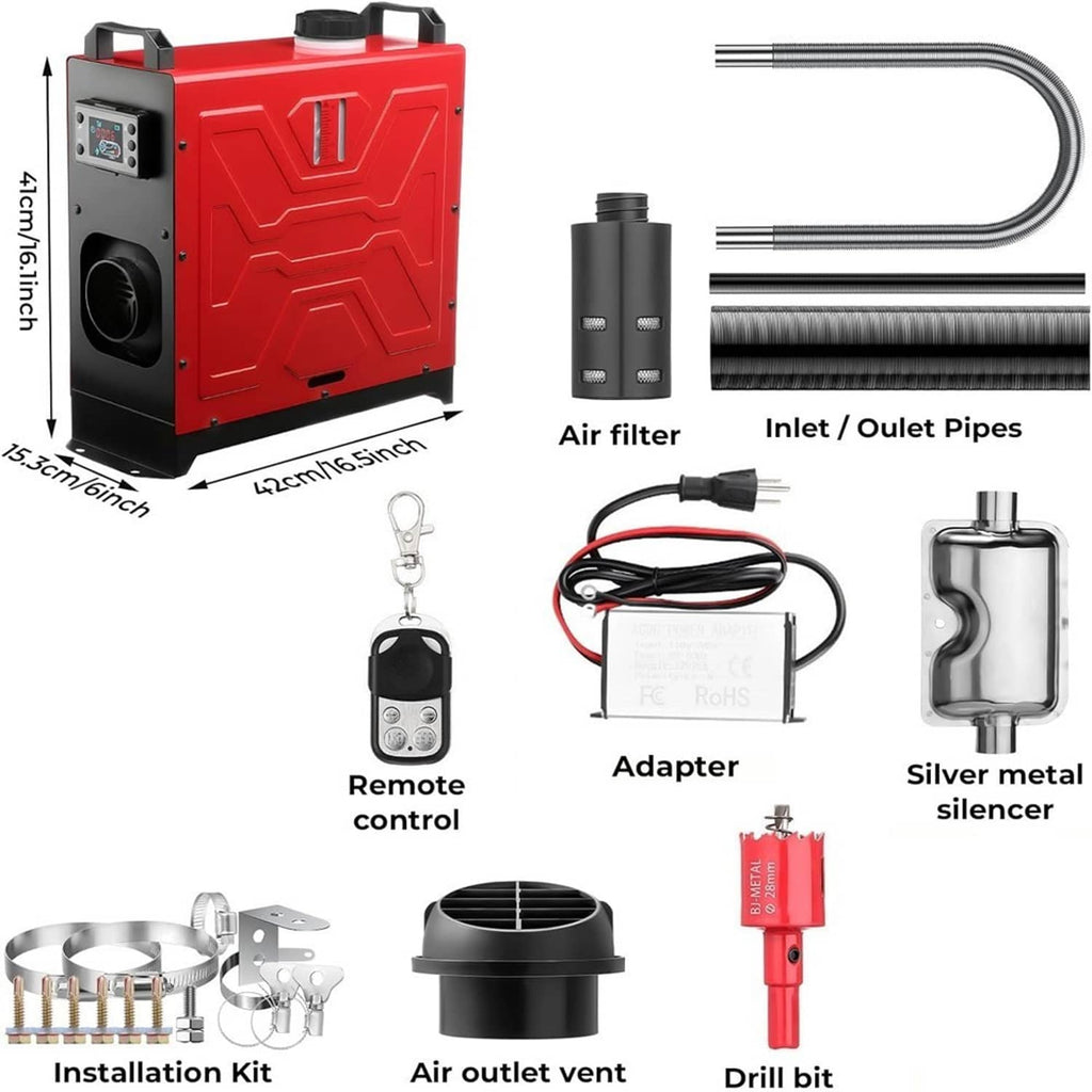 Diesel air heater kit with remote control, adapter, silencer, and inlet/outlet pipes