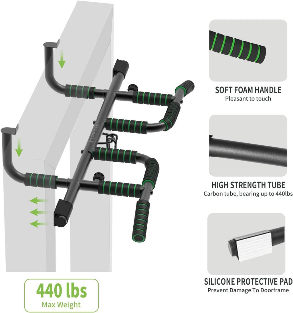 Pull-up bar close-up with soft foam hand grips and silicone protective doorway pads