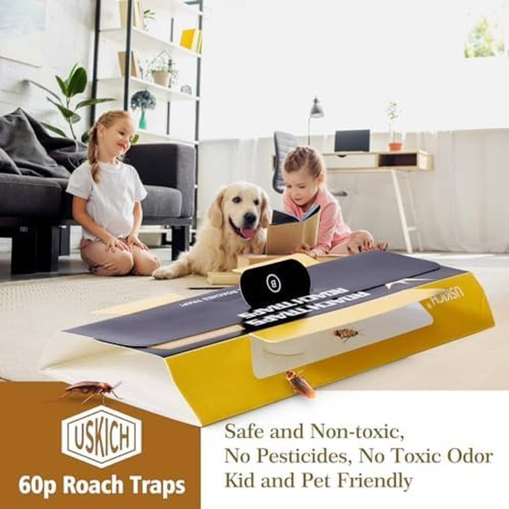 Yellow and black roach trap placed on the floor near a child and a dog