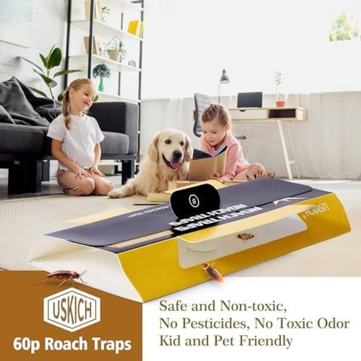 Yellow and black roach trap placed on the floor near a child and a dog