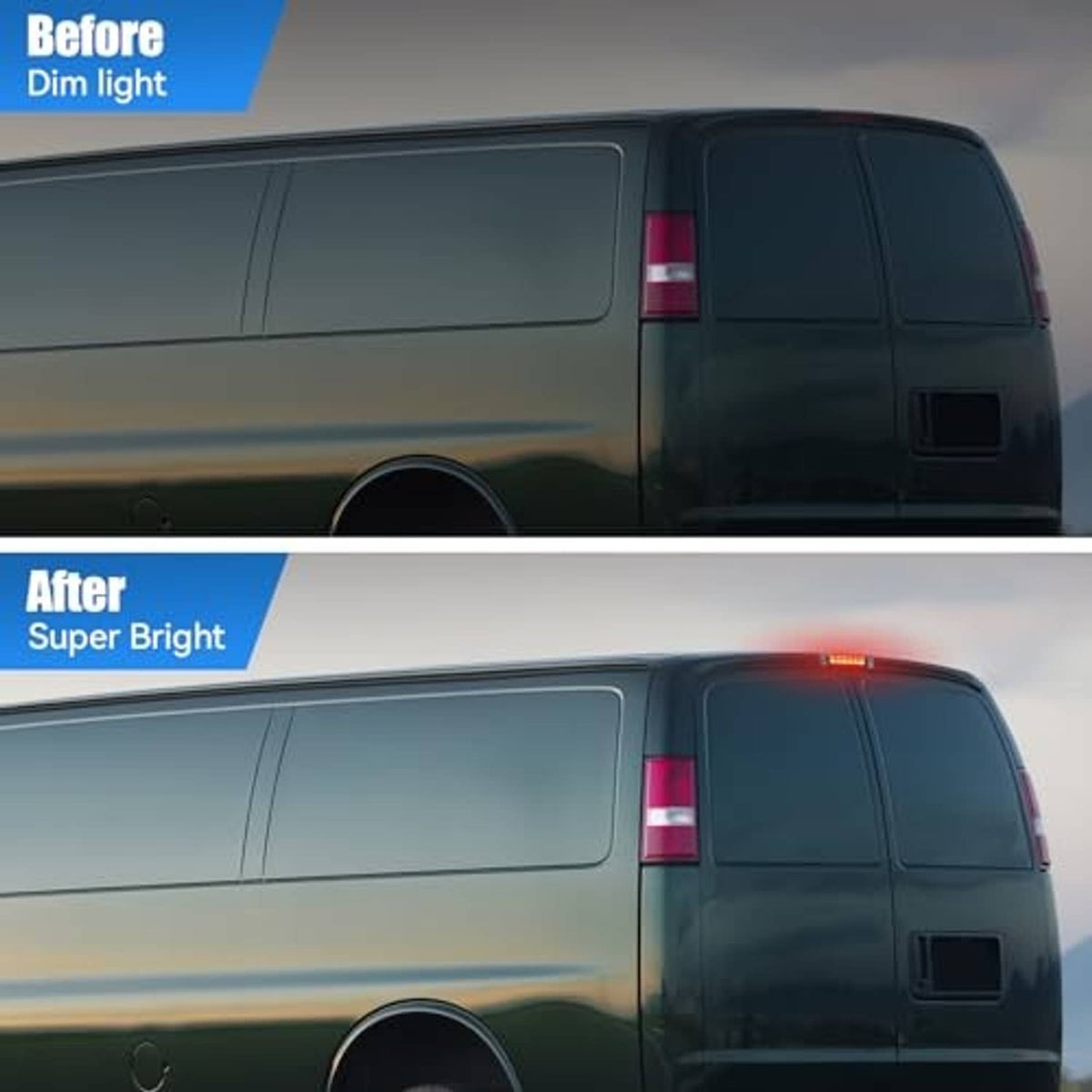 Third brake light on van rear panel, red light output before and after