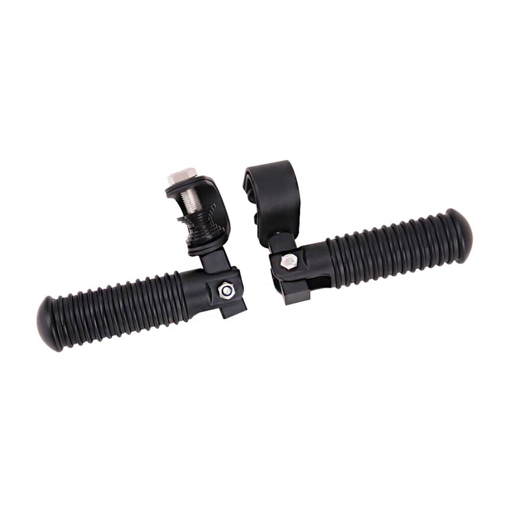 Black crash foot pegs pair with clamp mounts and ribbed rubber foot rests