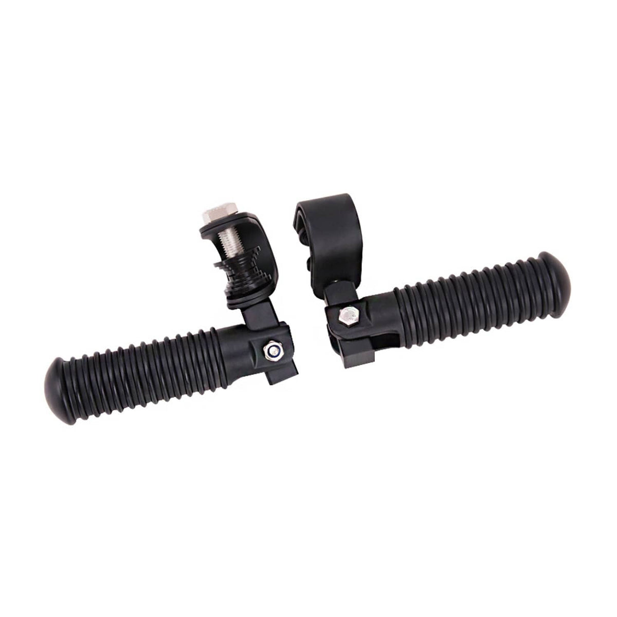 Black crash foot pegs pair with clamp mounts and ribbed rubber foot rests