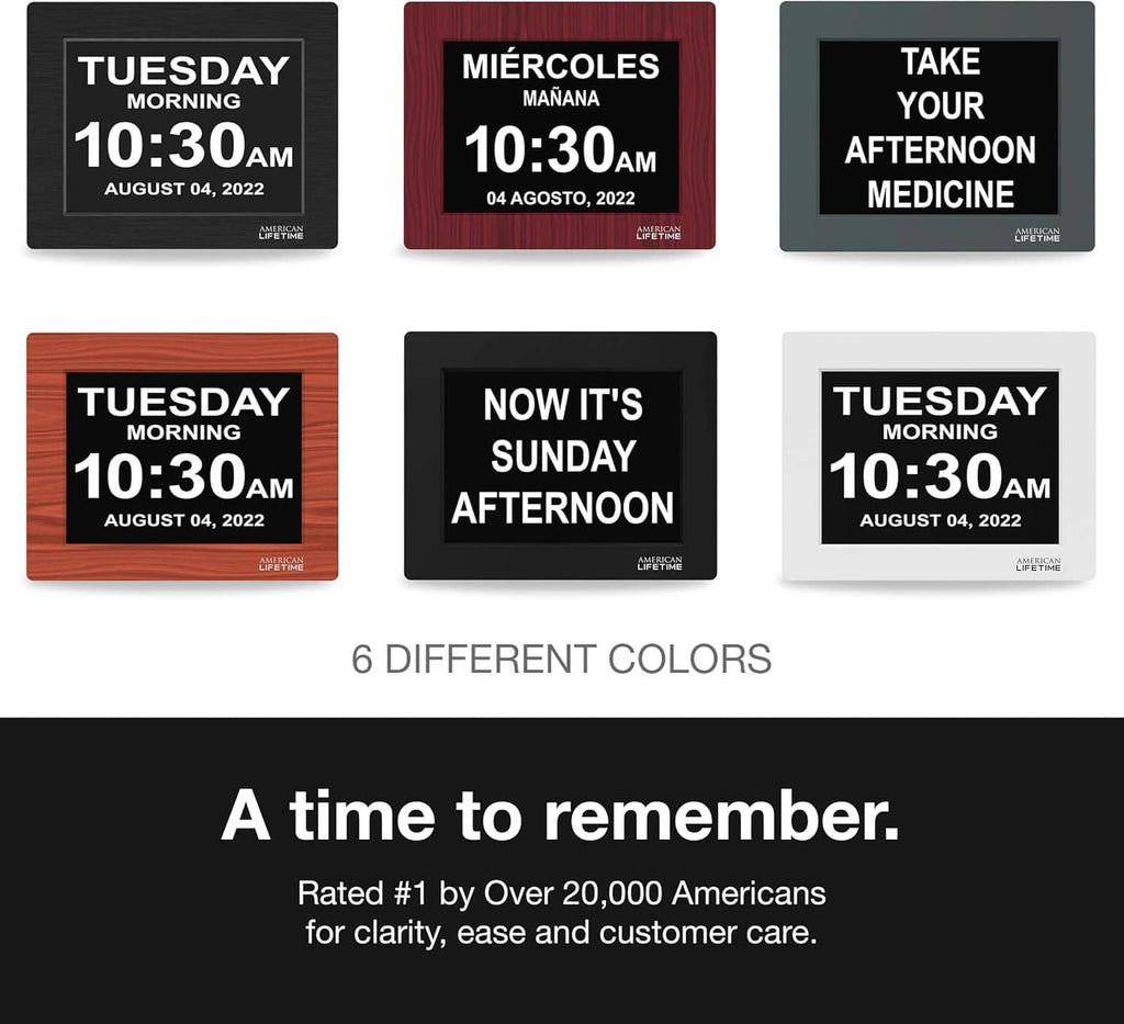 Digital dementia clock shown in six color options with weekday and time screens