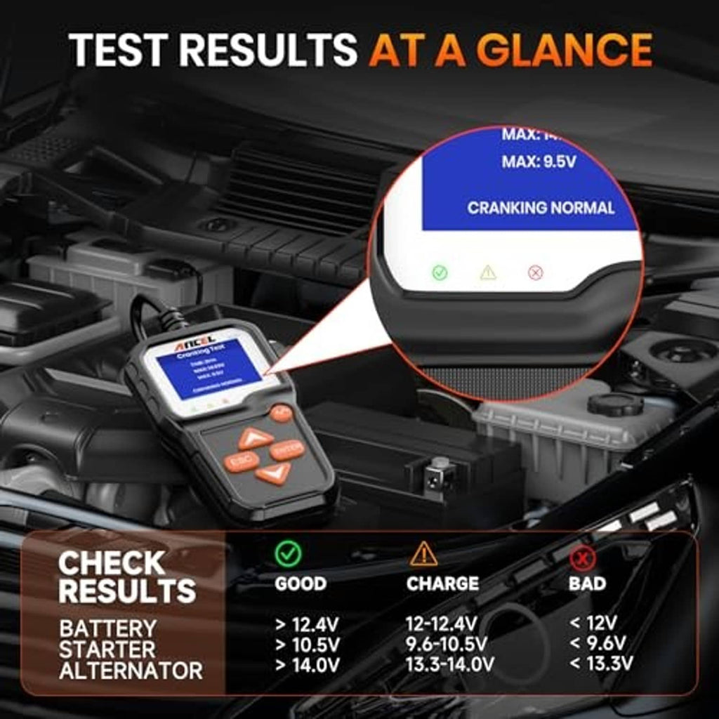 Battery tester with results-style screen and orange button controls
