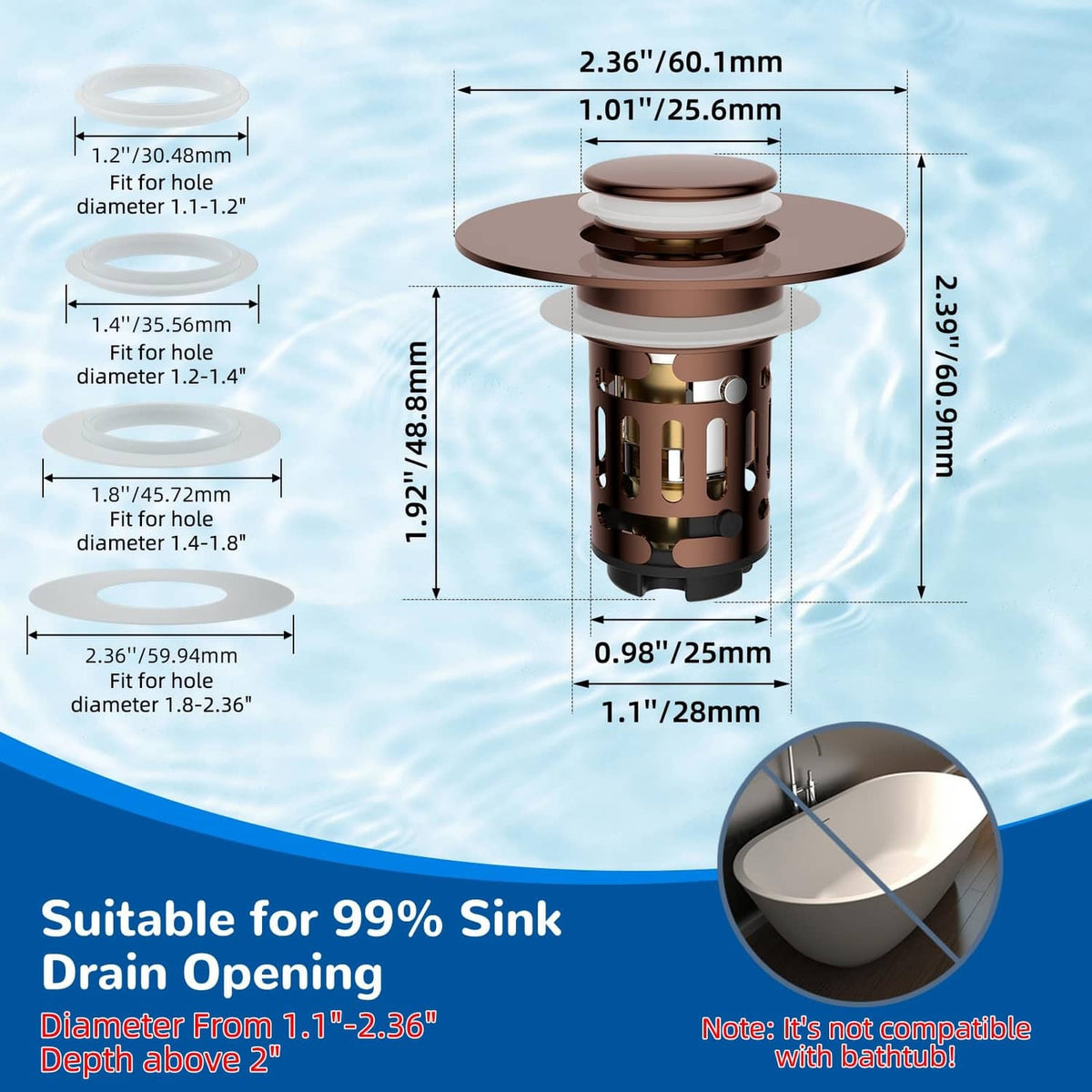 Rose gold pop-up sink drain stopper with round cap and filter basket