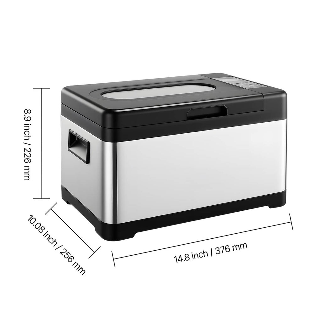 Sous vide precision cooker dimensions view, white body with black top and side inlet