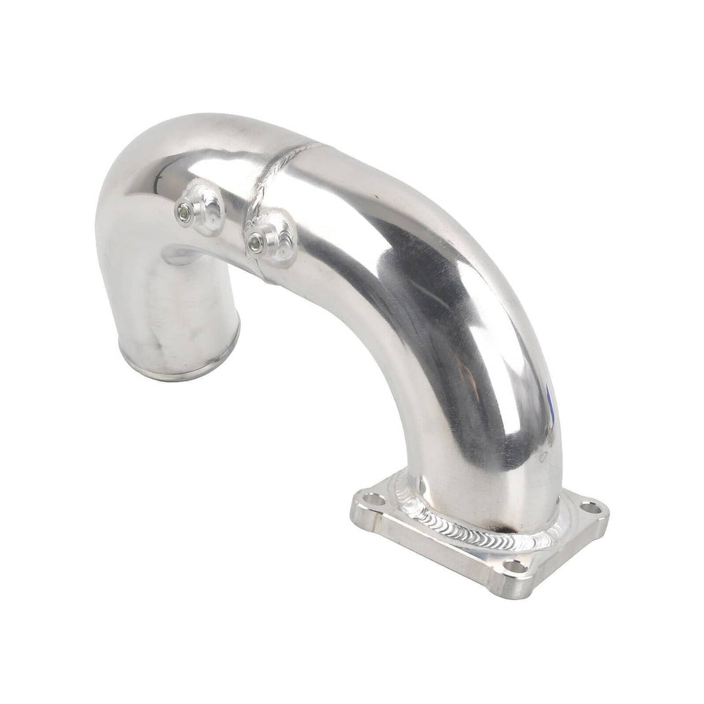 Polished air intake elbow charge pipe with flanged base and curved stainless tubing