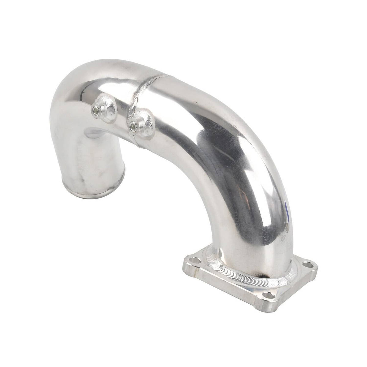 Polished air intake elbow charge pipe with flanged base and curved stainless tubing