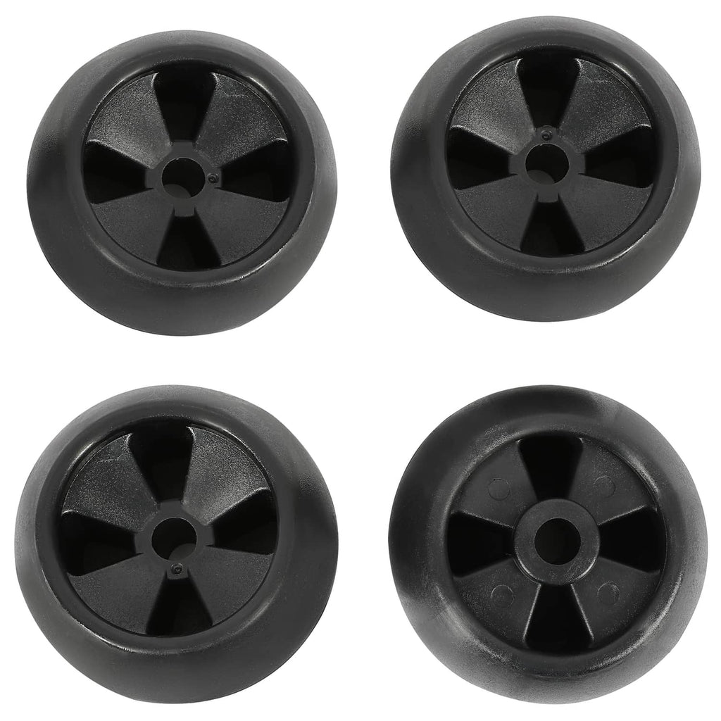 Four black wheels with five-spoke design and center axle bore, plastic construction