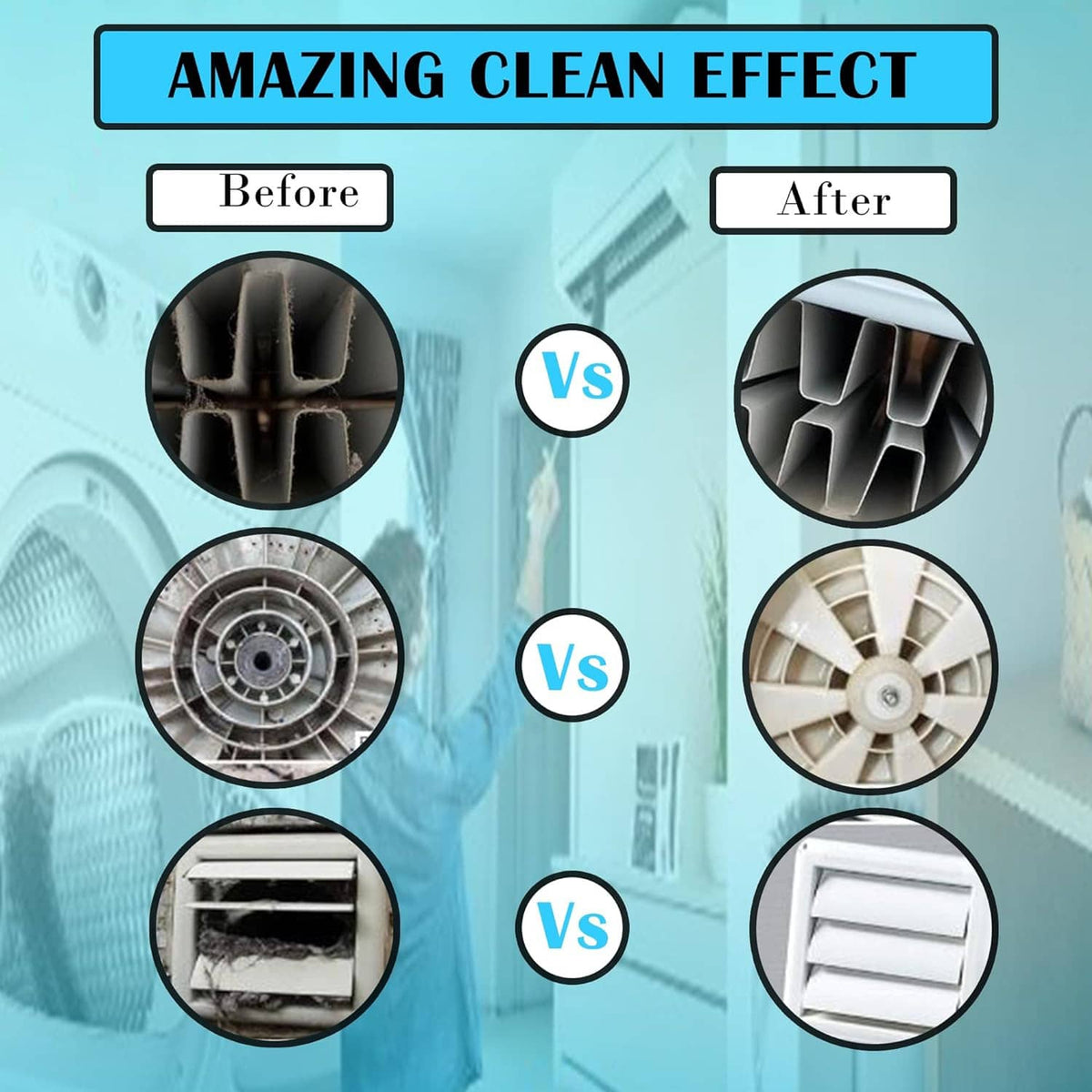 Dryer vent cleaning before-and-after comparison panel for reduced lint buildup