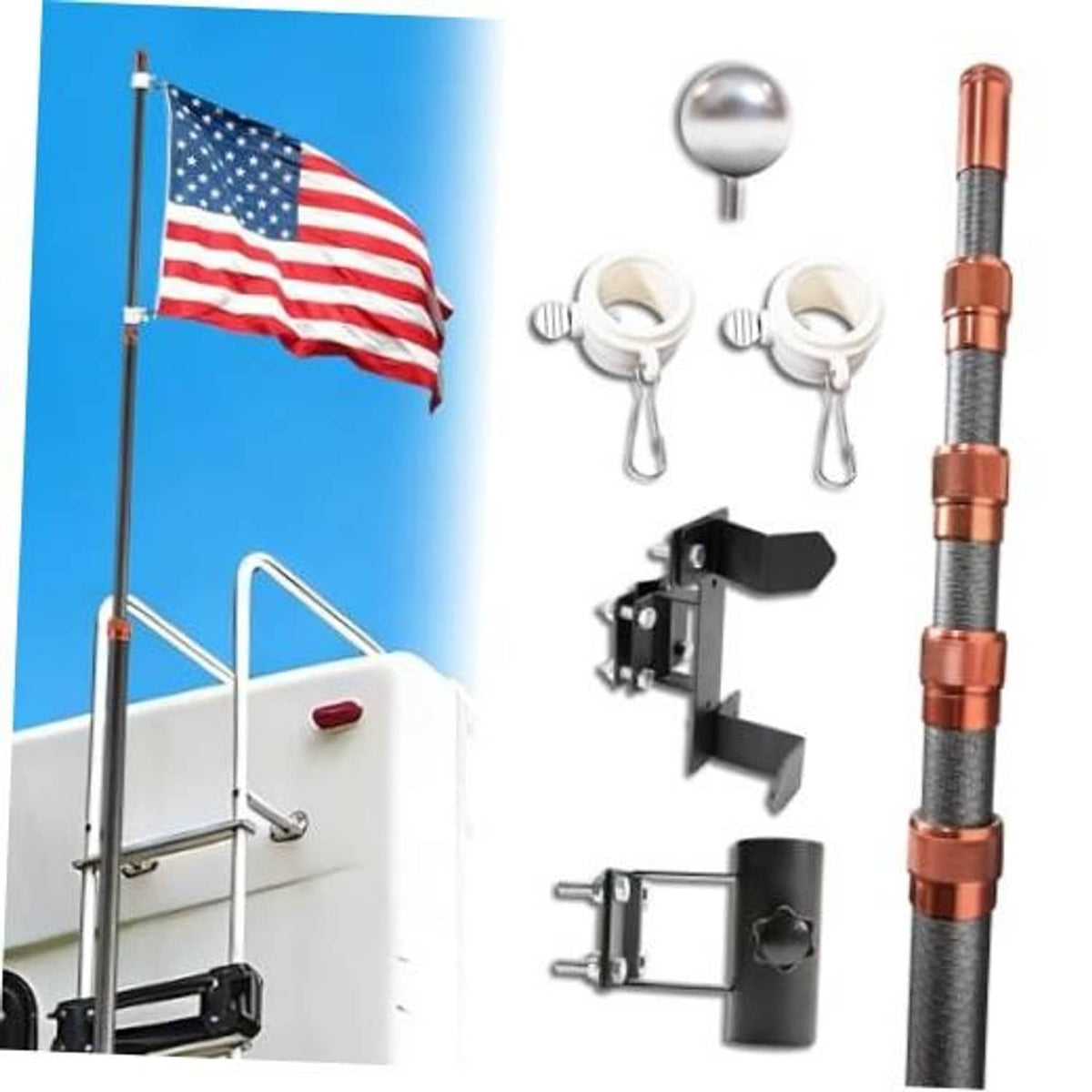 RV flag pole kit with copper-and-black telescoping pole and metal ladder mount bracket