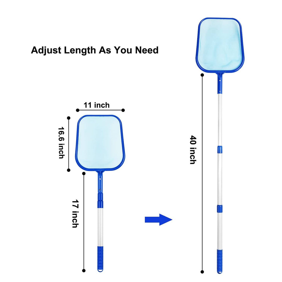 Adjustable telescopic pole with blue joints and fine-mesh square skimmer head