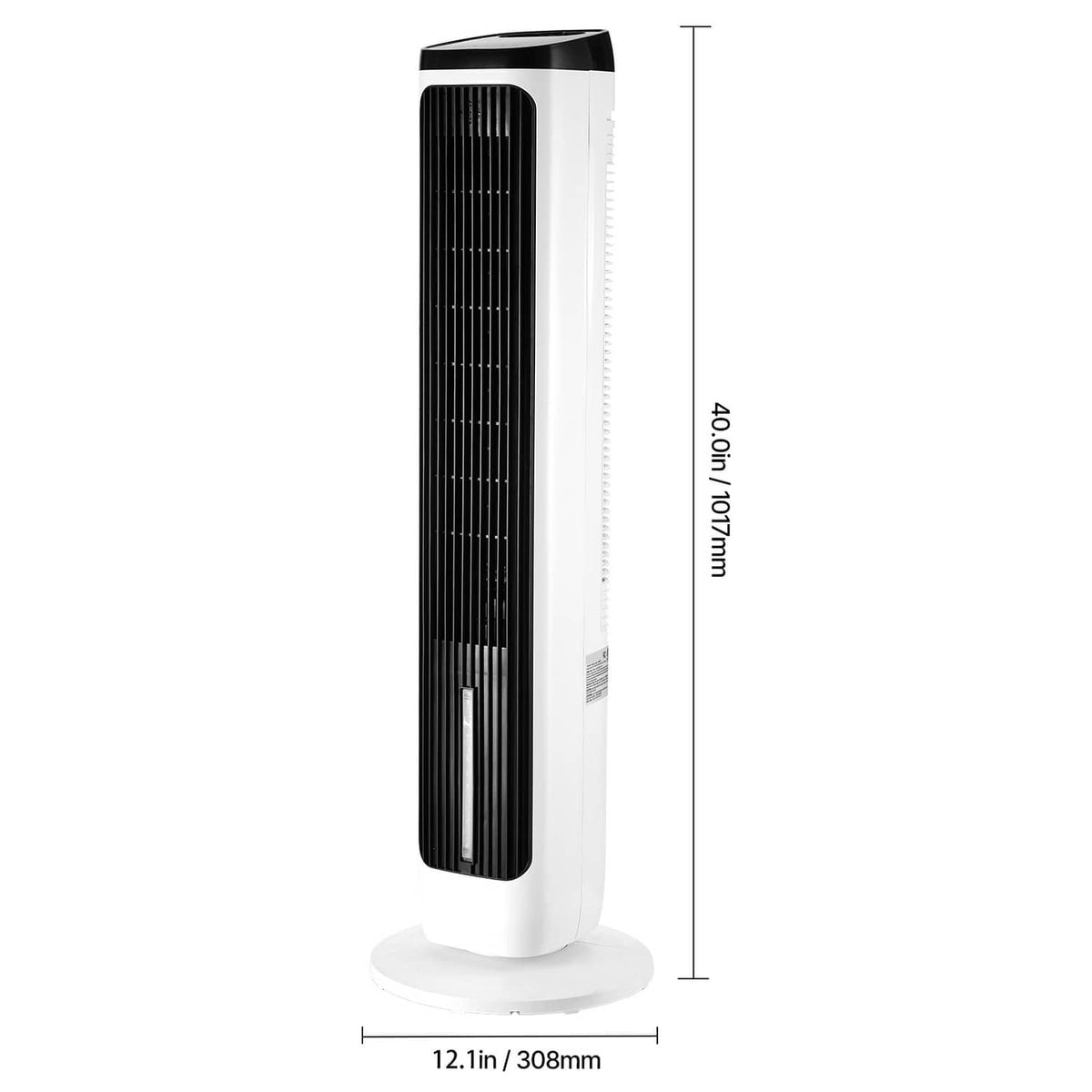 White tower fan with black vertical grille, side view with round base