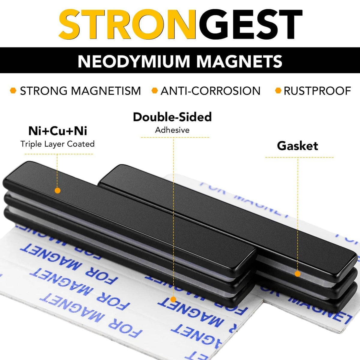 Stacked black neodymium magnetic strips, flat rectangular bars