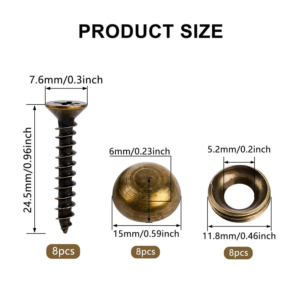 Decorative screw size chart: 24.5mm length, 6mm shank, 15mm cap, 11.8mm ring