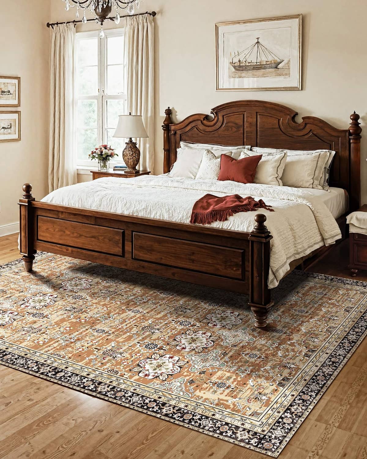 Vintage area rug with ornate floral motifs and dark border on a beige ground