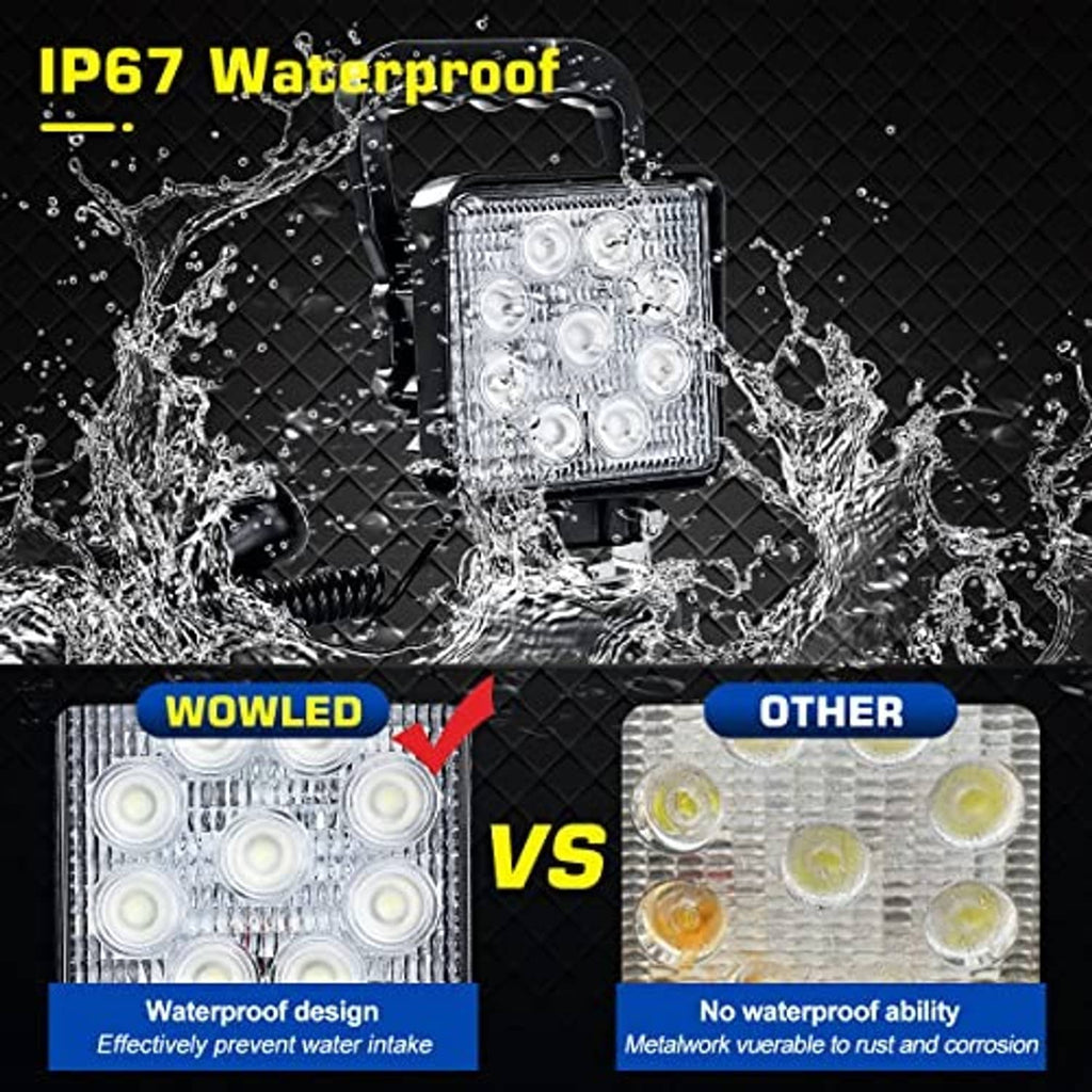 Portable LED work light with square face, splash-protected design and coiled cable