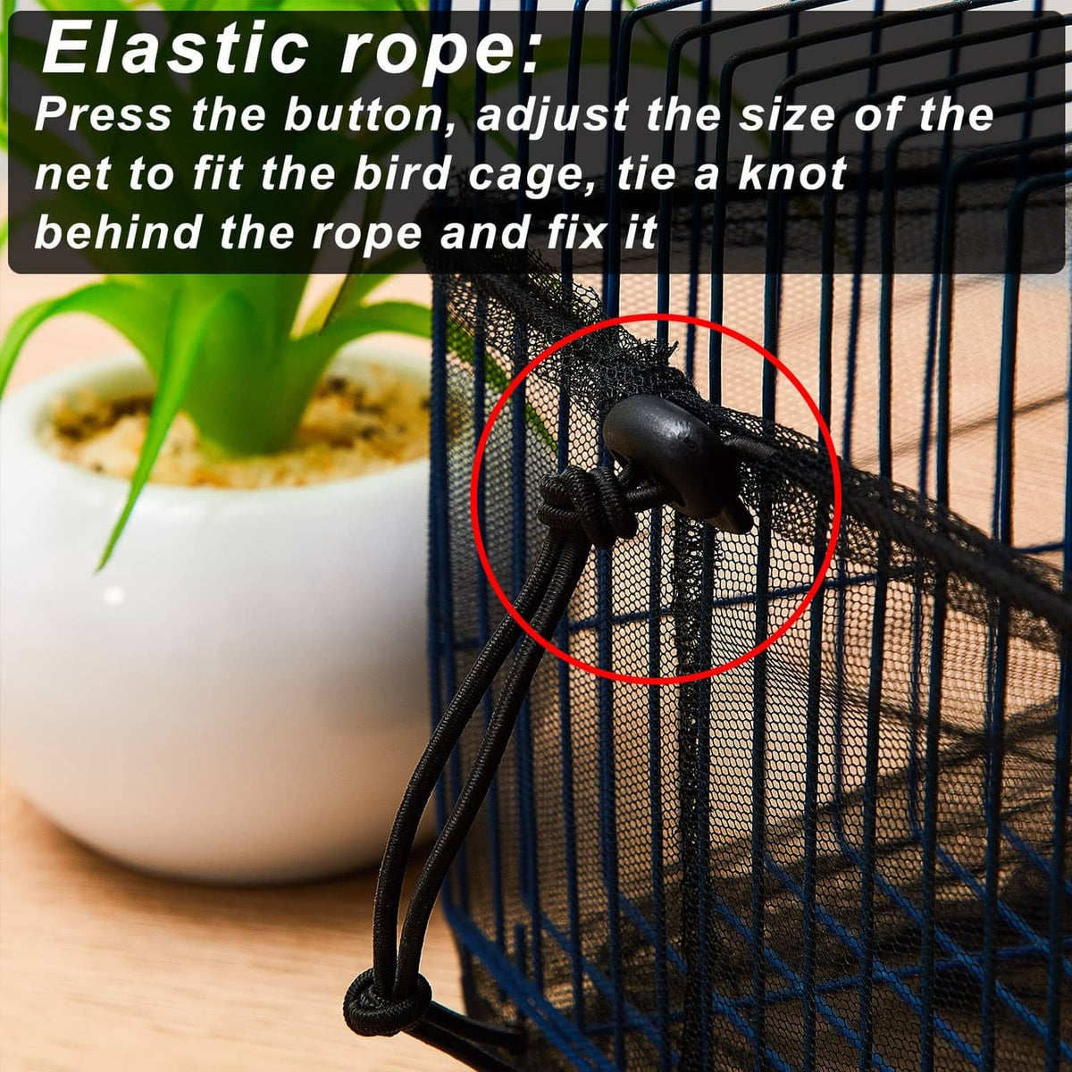 Black elastic rope fastener and mesh tie points on a birdcage cover net