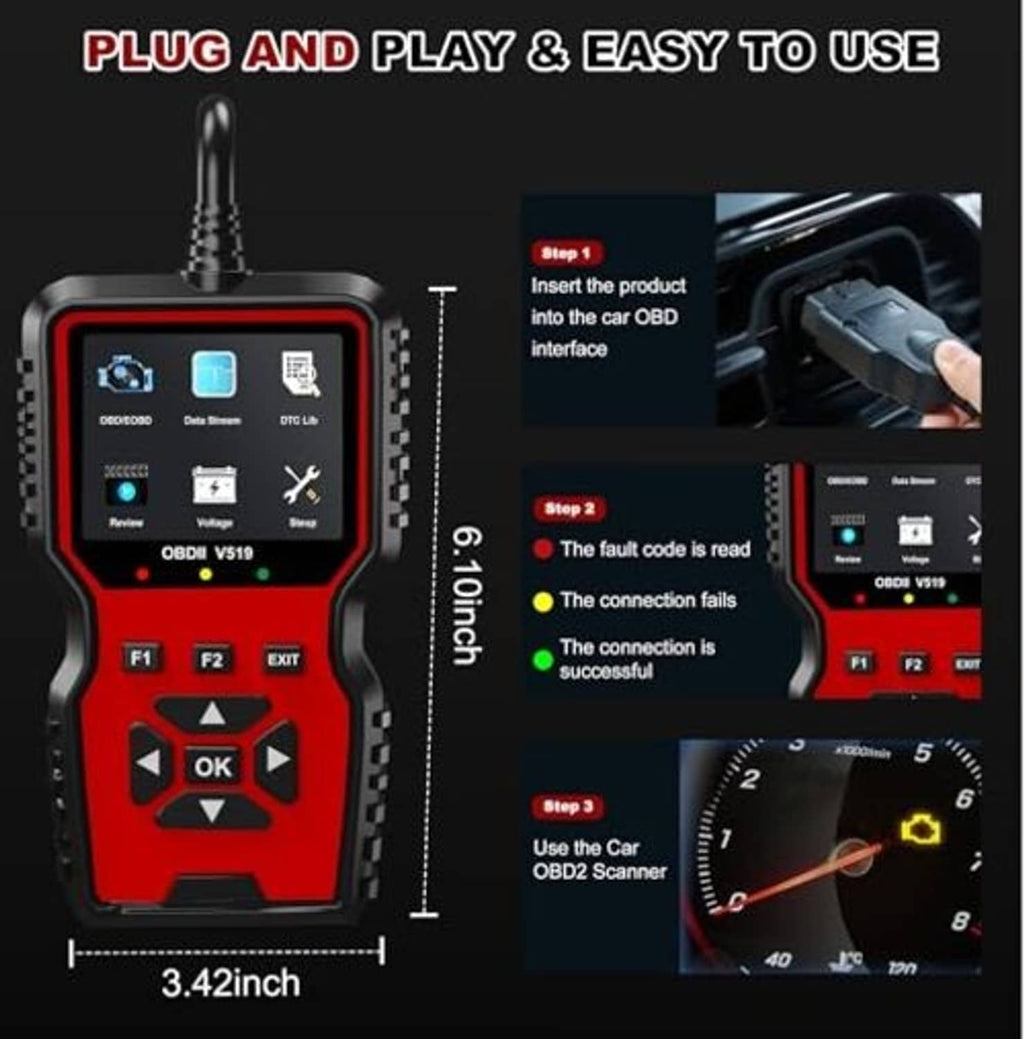 Red handheld OBD2 scanner tool with attached OBD2 connector, compact size design.