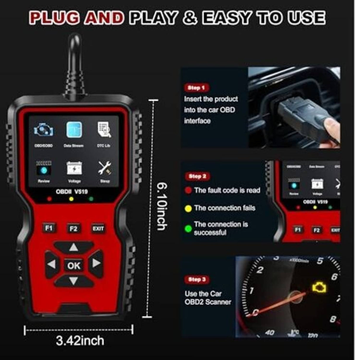 Red handheld OBD2 scanner tool with attached OBD2 connector, compact size design.