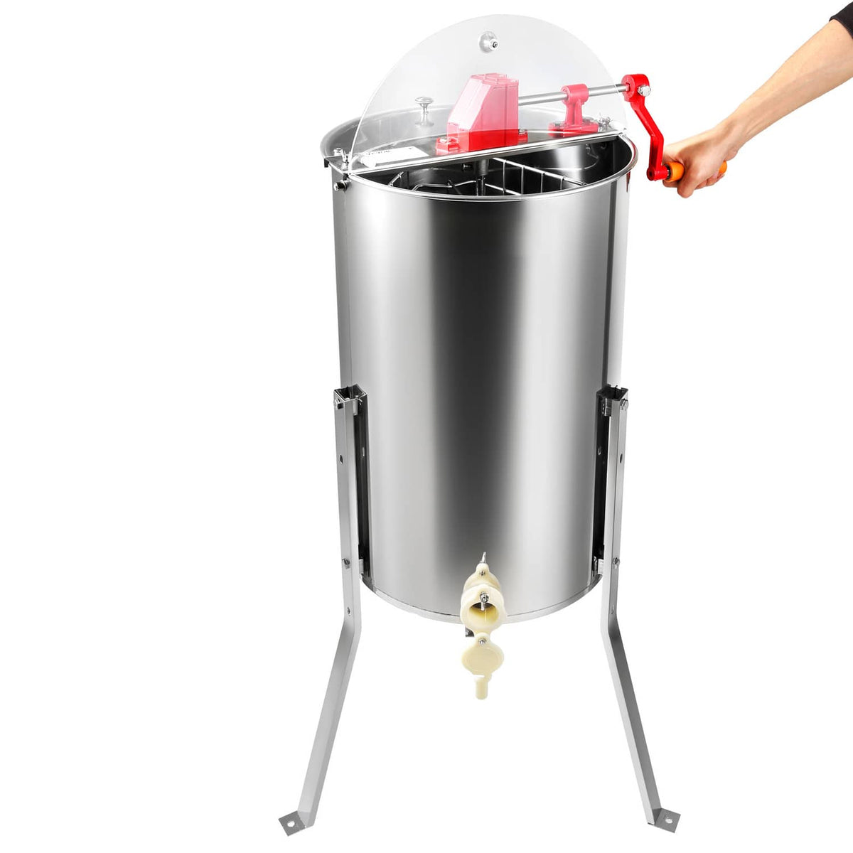 Stainless steel 3-frame manual honey extractor with crank handle and honey outlet spout