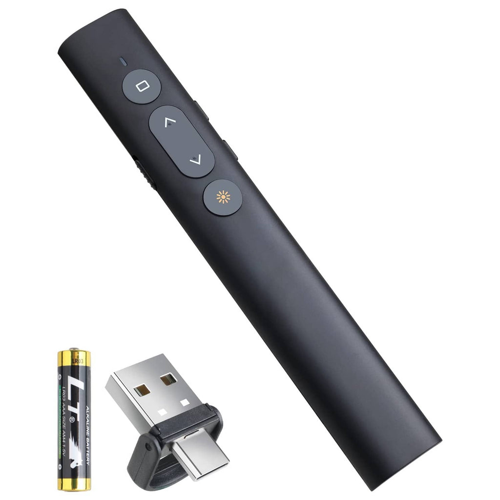 Black presentation clicker remote with button panel for navigation and laser/shortcut