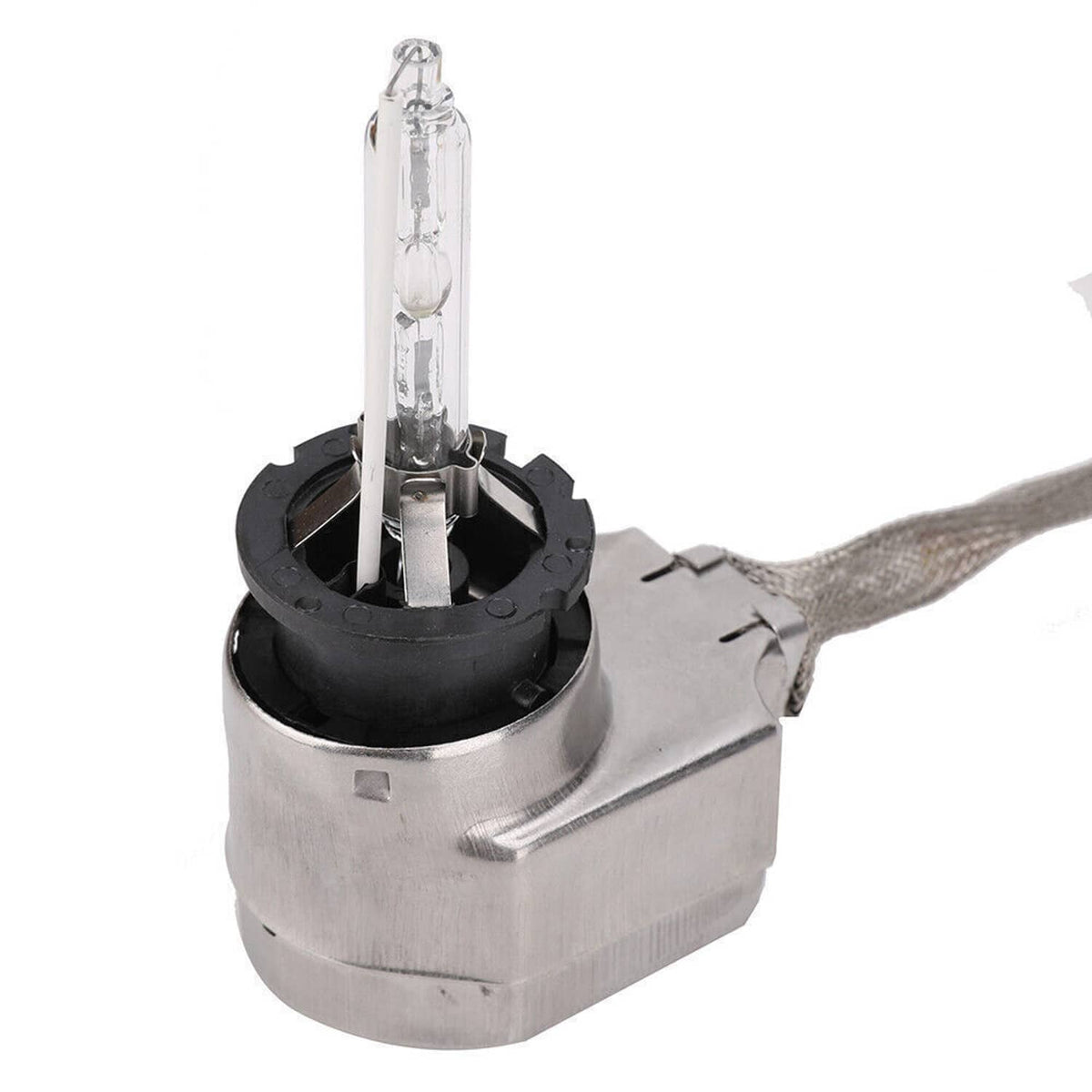D2S HID headlight bulb with clear glass lamp, metal base, and wiring lead