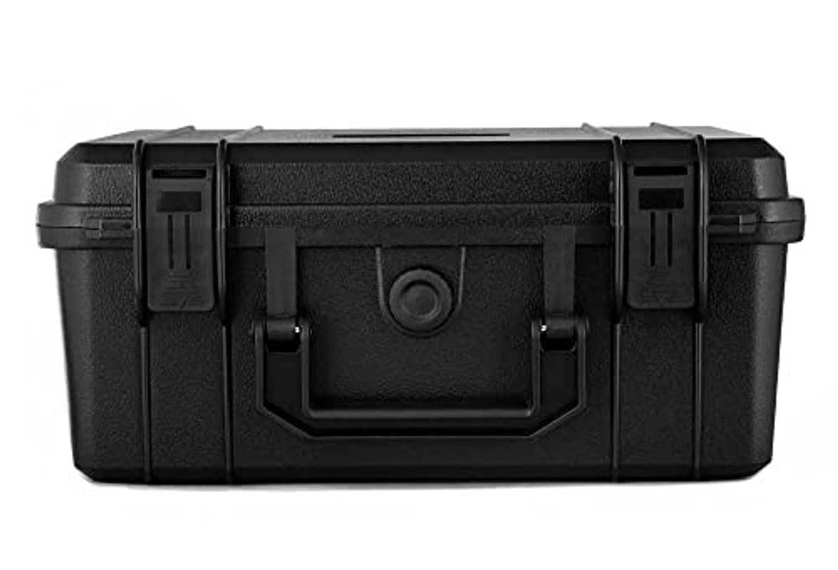 Black waterproof hard case with textured shell and side latch details