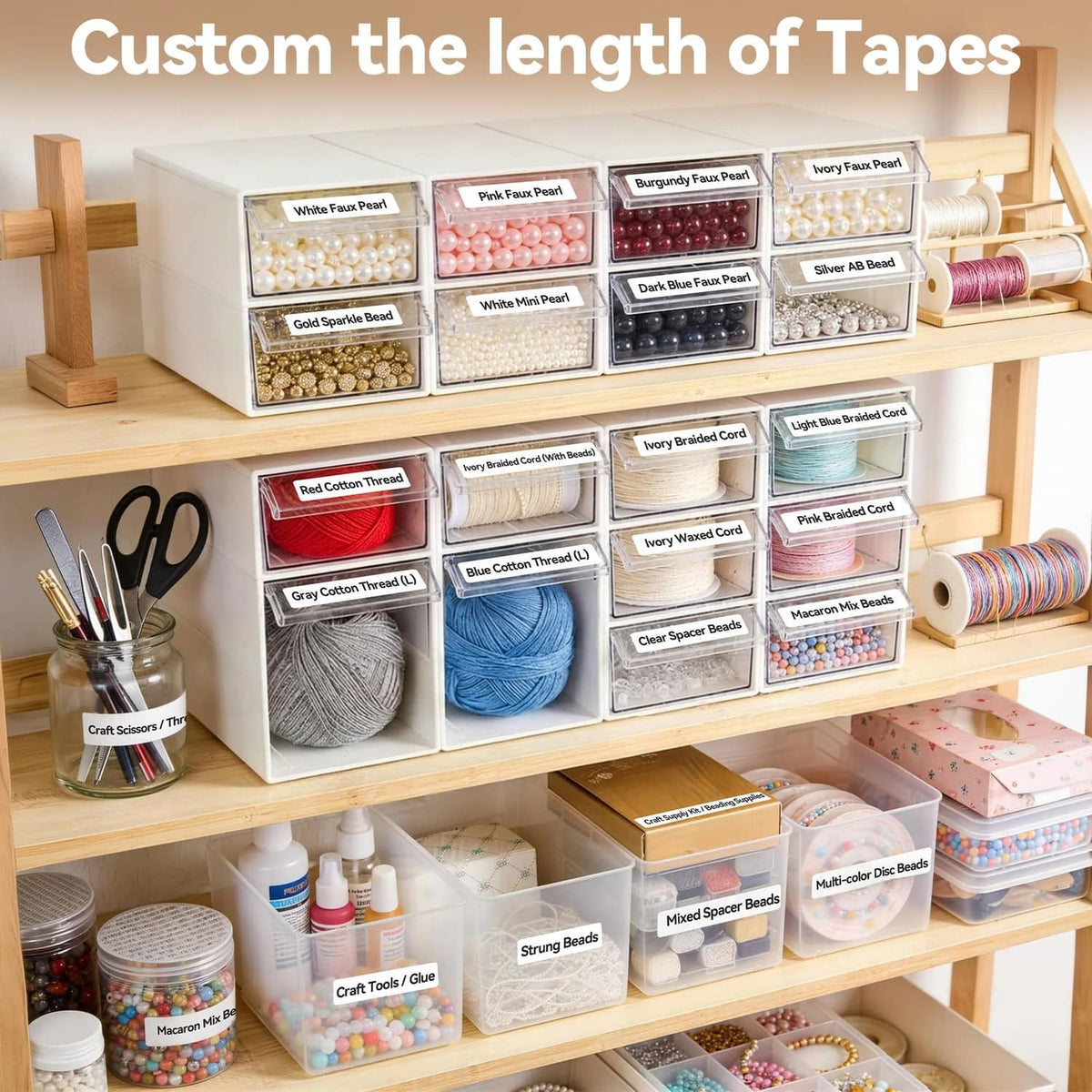 Label tape holder rack with multiple tape rolls in storage for custom lengths