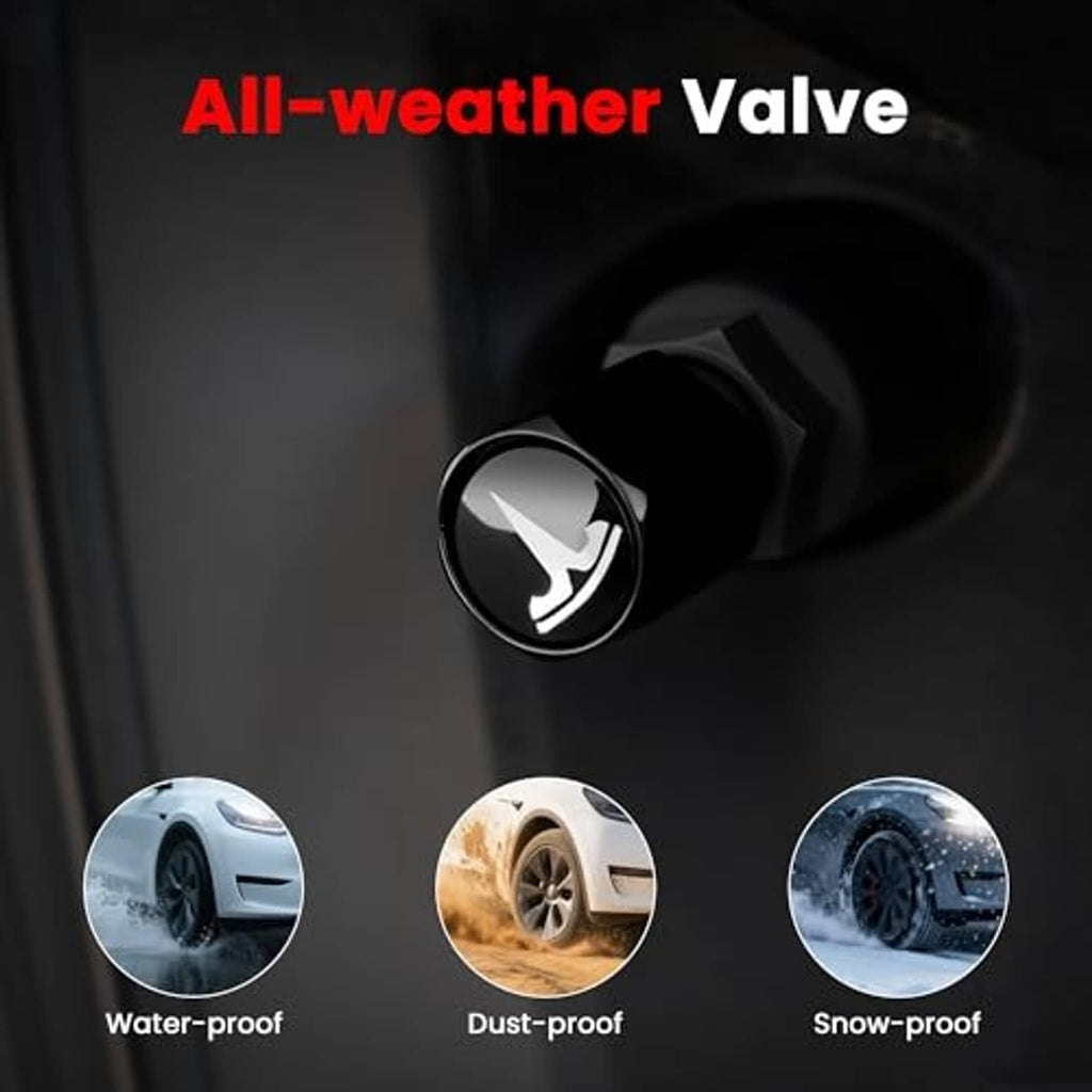 Black tire valve stem cap with chrome Tesla logo insert
