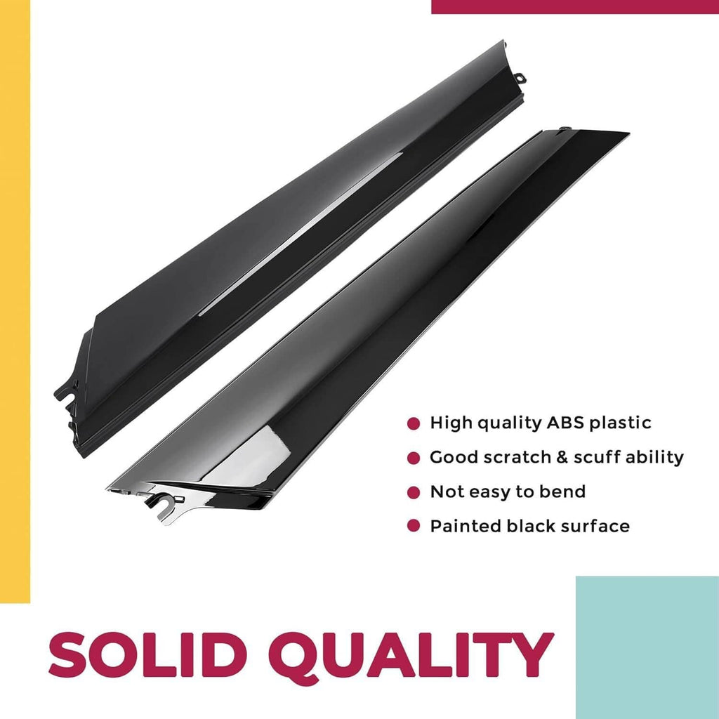Two black ABS A-pillar windshield trim molding pieces with curved edges