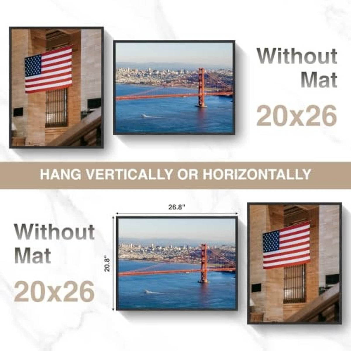 Black picture frame, matless 20x26 design for vertical or horizontal wall display