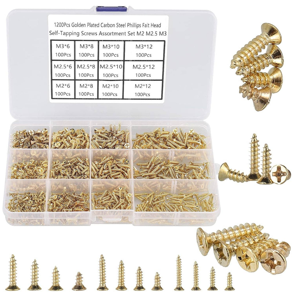 Assorted gold plated Phillips flat head self tapping screws in clear organizer box