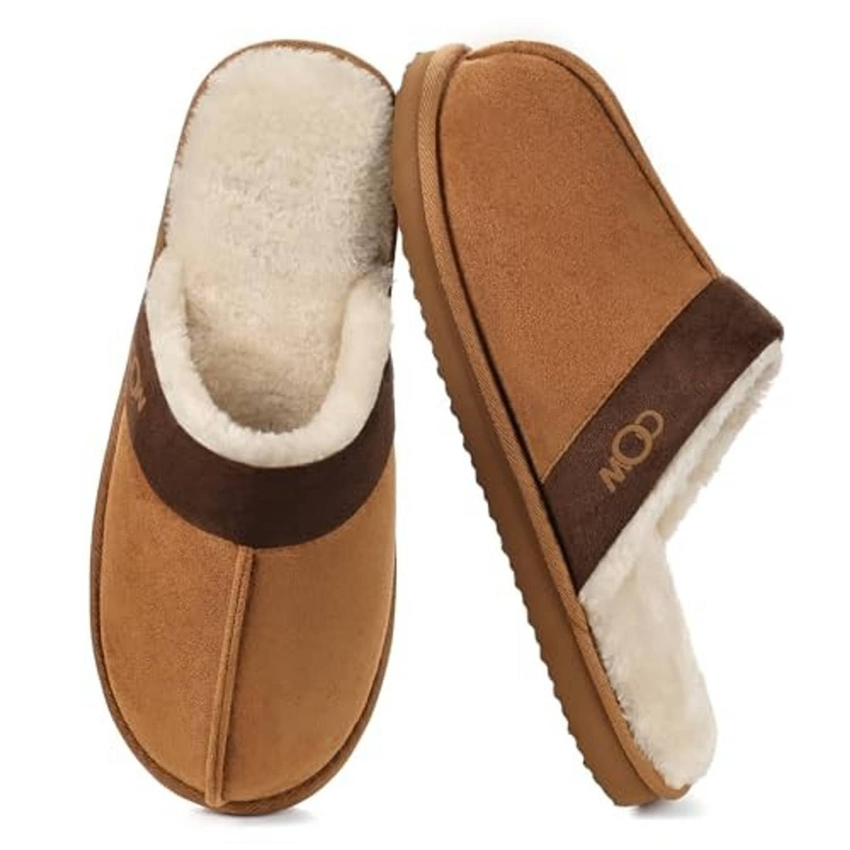Chestnut suede slippers, pair view, with white faux-fur lining and brown logo patch