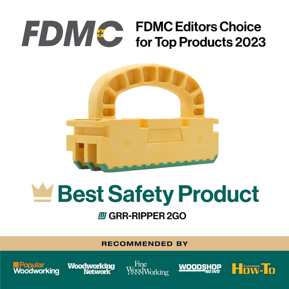 Yellow router push block silhouette with arched handle and green toothed base