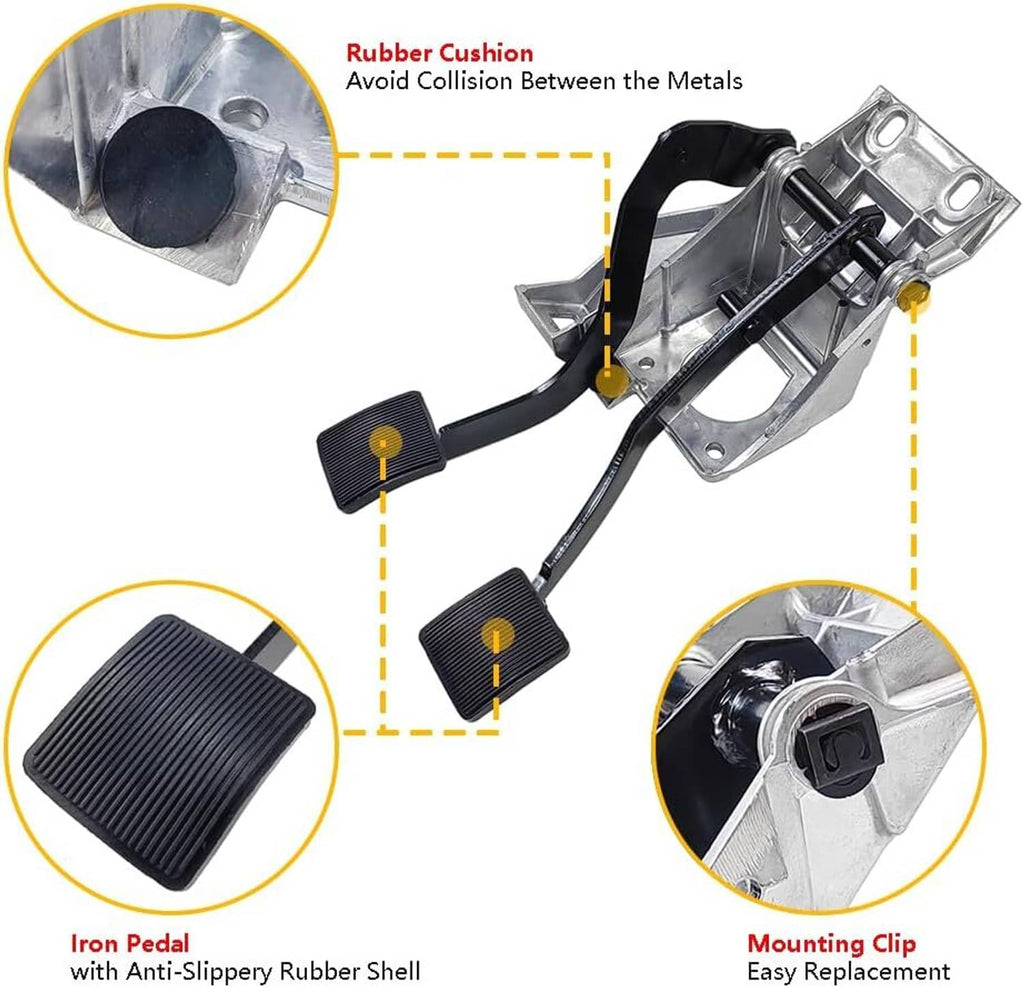 Brake & clutch pedal bracket assembly with black rubber pedals and metal mounting clips