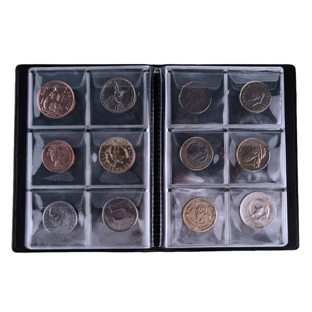 Black coin collection album open with several coins in clear square pockets