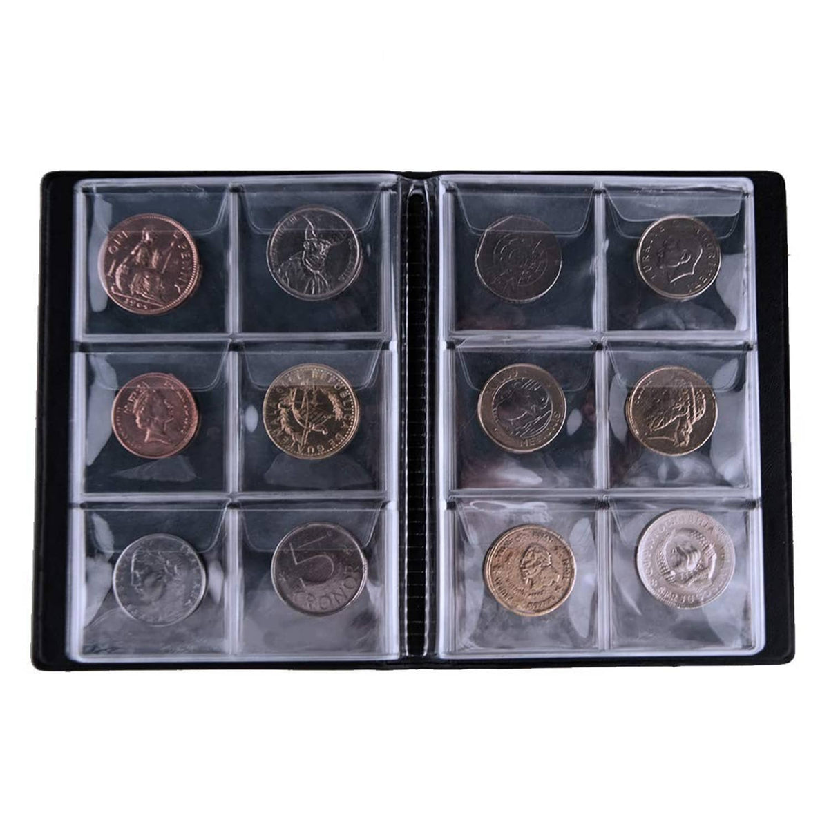 Black coin collection album open with several coins in clear square pockets