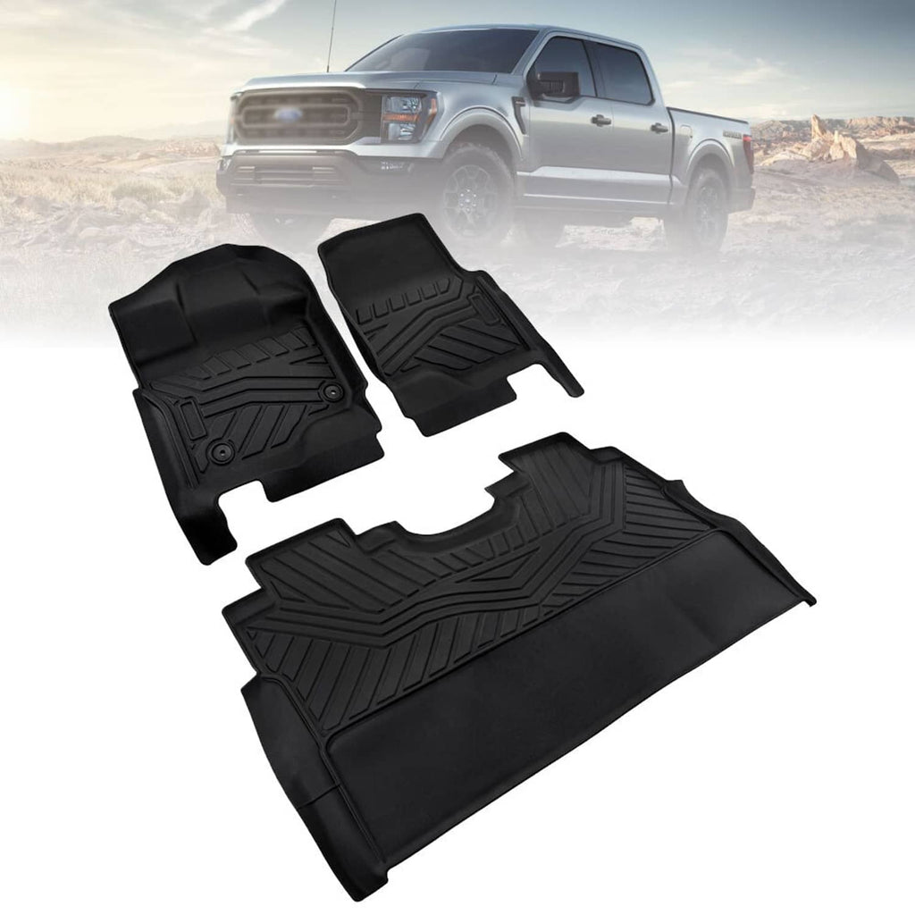 Black all-weather floor liner mats set with raised channels for truck front and rear areas