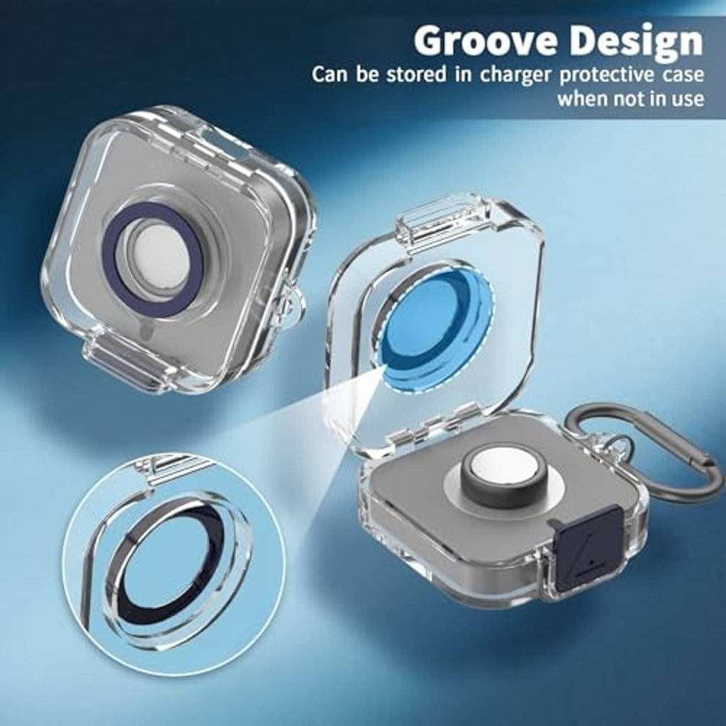 Clear protective case cover with gunmetal base and circular charging port opening