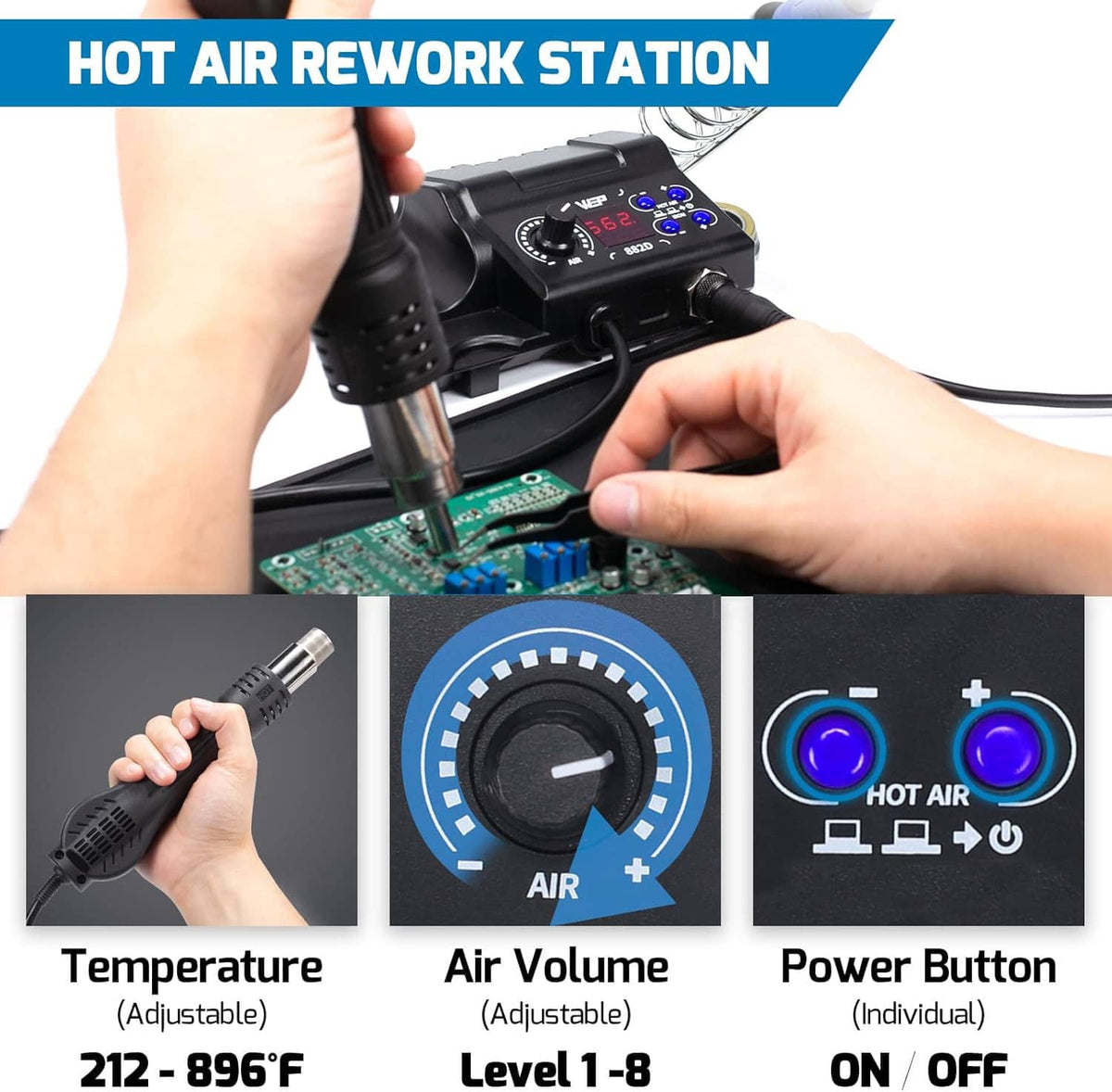 Hot air rework station with temperature and air volume dials and soldering iron in use