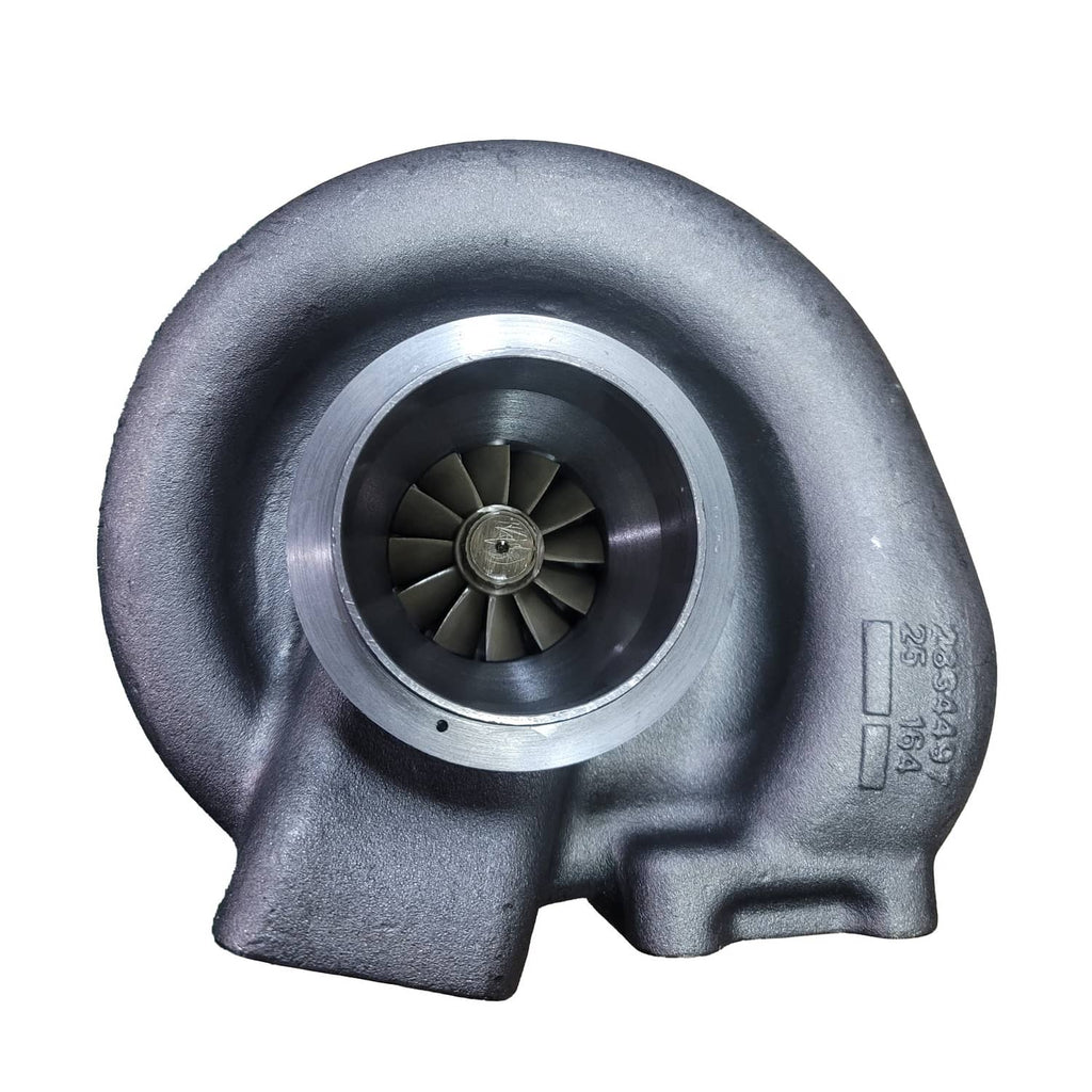 Turbocharger with turbine wheel visible through inlet, side profile