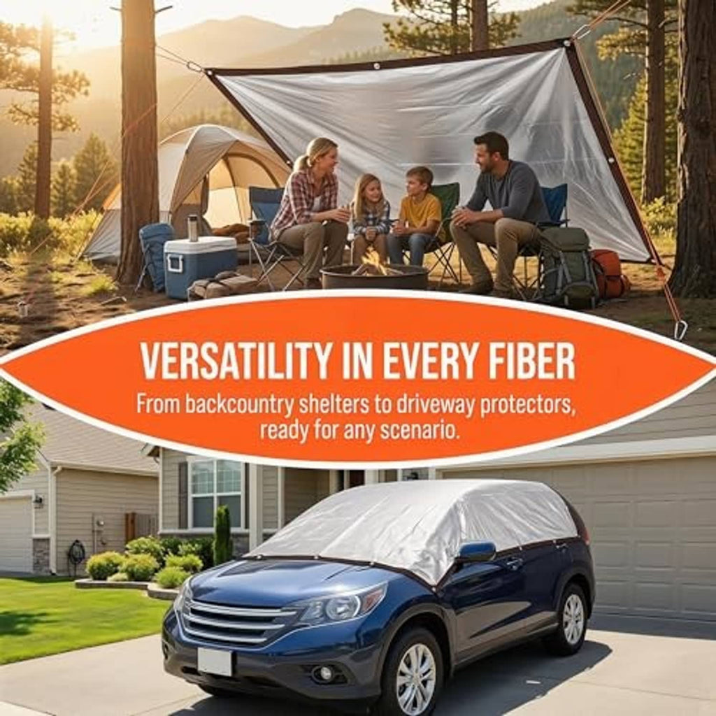 Reflective aluminum shade cloth canopy set up outdoors above a camping seating area