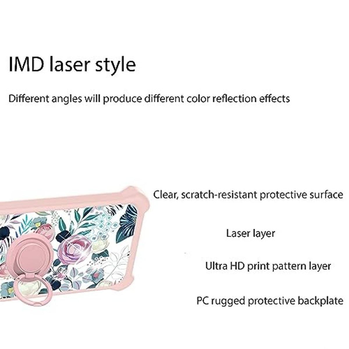 Phone case protective layers with clear scratch-resistant surface and patterned print