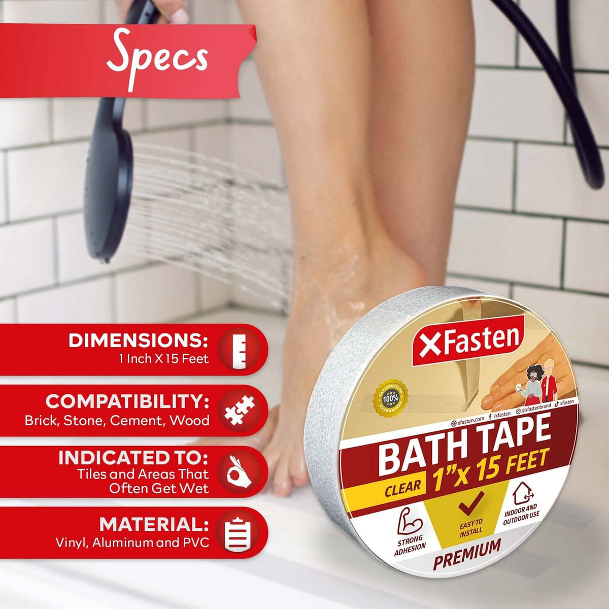 Clear bath anti-slip tape roll, 1 in x 15 ft; textured non-skid strip